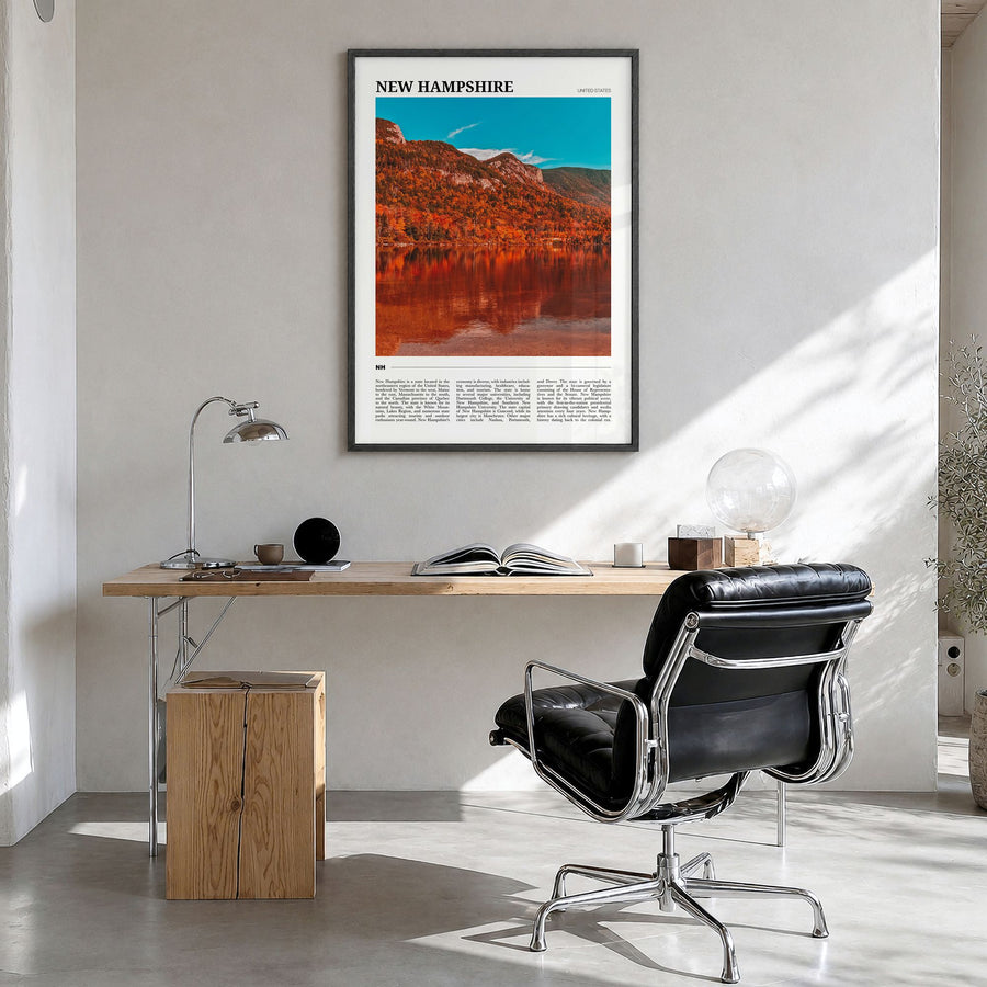 New Hampshire Travel No 1 Poster in a black wood frame, hanging in a bright home office