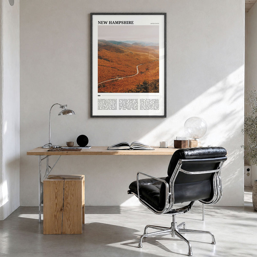 New Hampshire Travel No 3 Poster in a black wood frame, hanging in a bright home office
