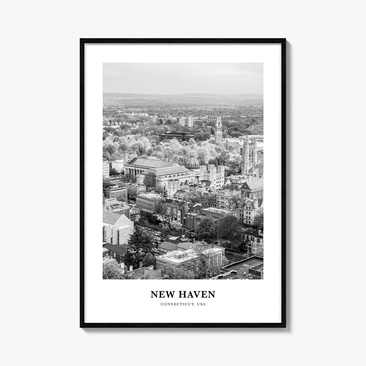 New Haven black & white classic poster of Connecticut, USA – vertical wall art, unframed print shown in interior mockup