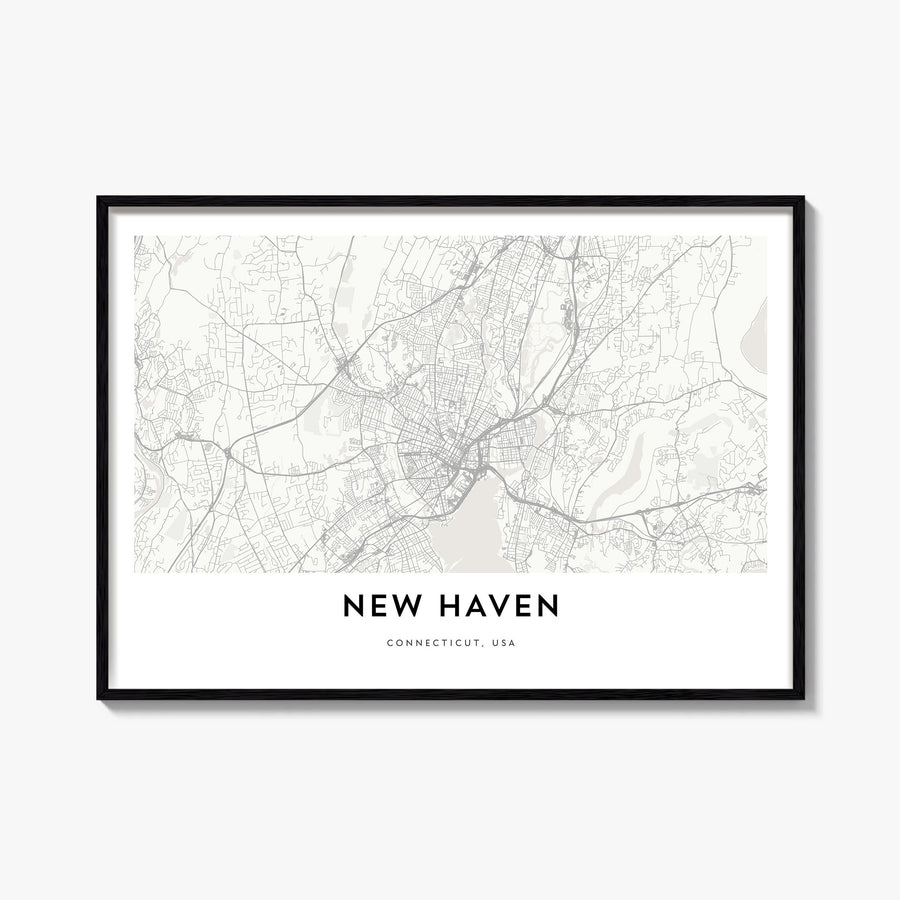 New Haven black & white map poster of Connecticut, USA – horizontal wall art, unframed print shown in interior mockup