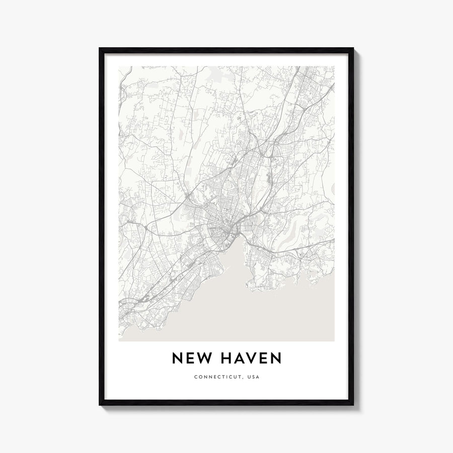 New Haven black & white map poster of Connecticut, USA – vertical wall art, unframed print shown in interior mockup