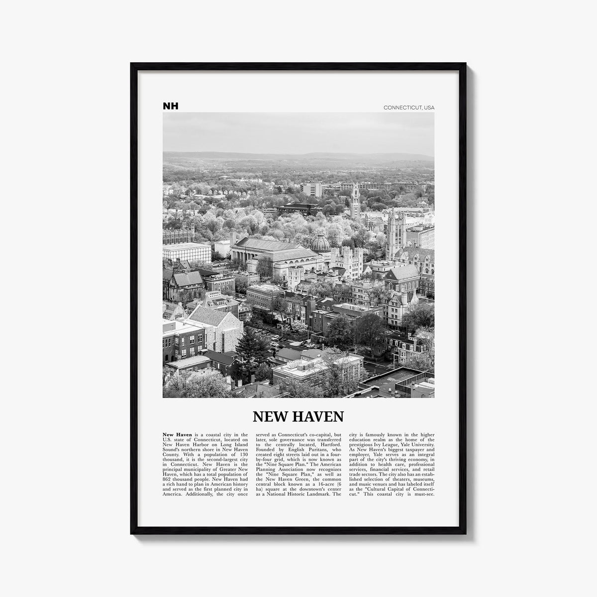 New Haven black & white newspaper poster of Connecticut, USA – vertical wall art, unframed print shown in interior mockup