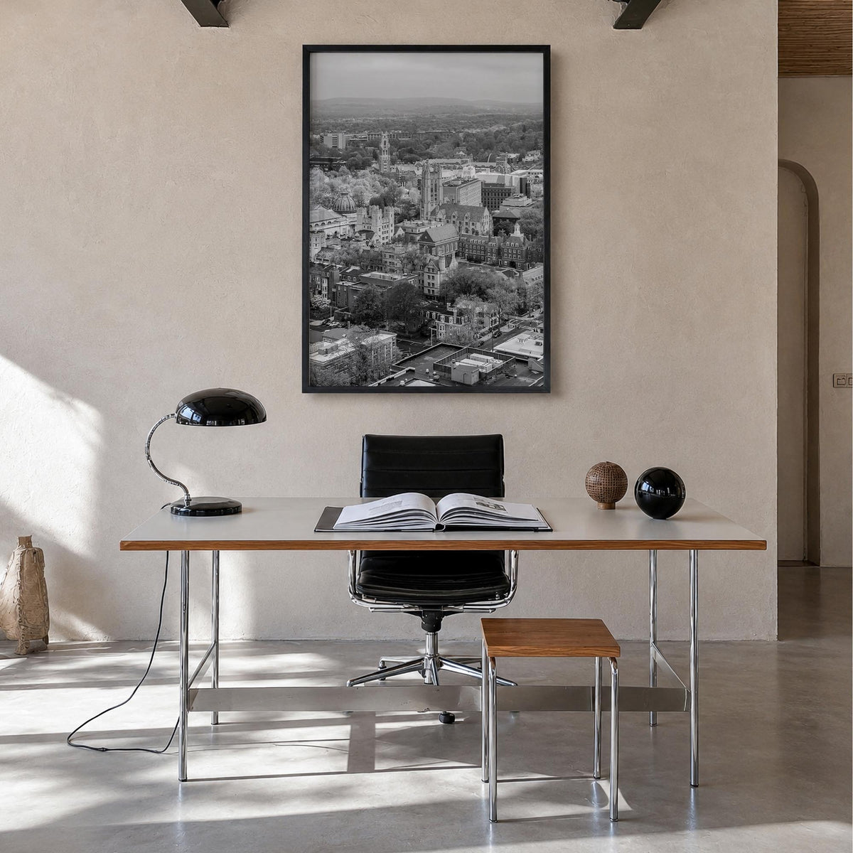 New Haven black & white photo poster of Connecticut, USA – vertical wall art in black wood frame, hanging on wall