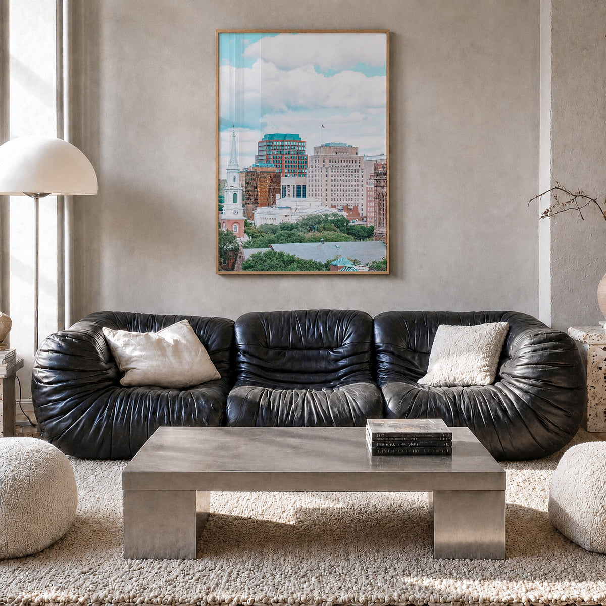 New Haven colorful photo poster of Connecticut, USA – vertical wall art in natural wood frame, hanging on wall