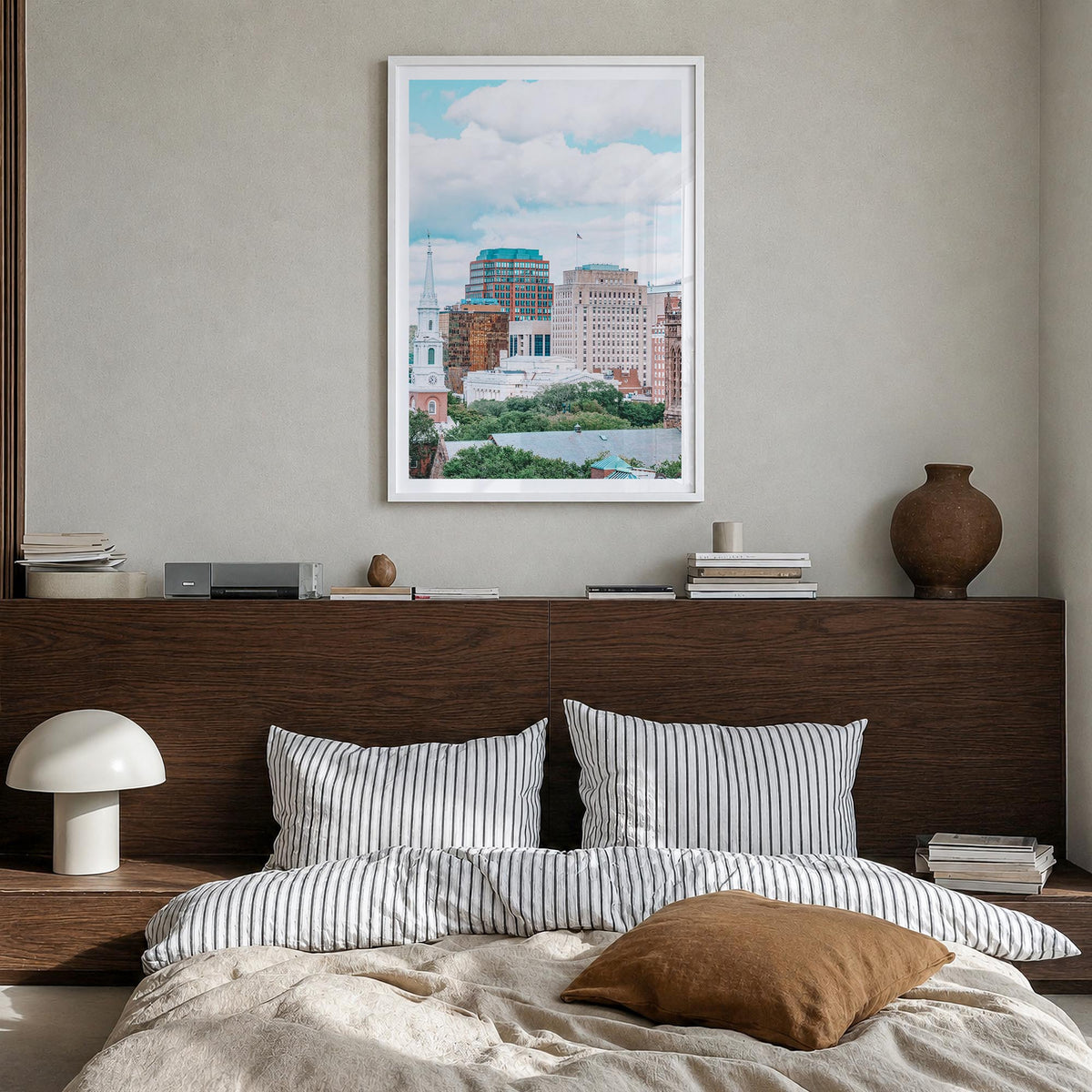 New Haven colorful photo poster of Connecticut, USA – vertical wall art in white wood frame with white border, hanging on wal