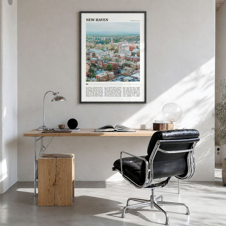 New Haven Travel Poster in a black wood frame, hanging in a bright home office