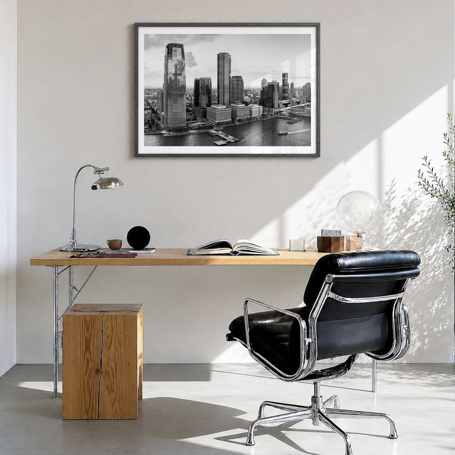 New Jersey Photo Poster in a black wood frame, hanging in a bright home office, white border