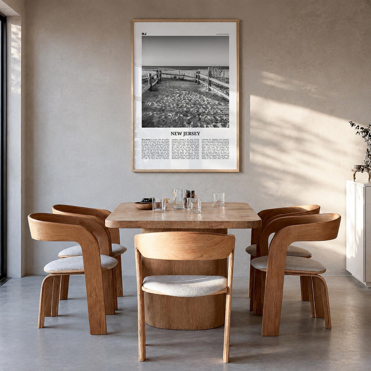 New Jersey no. 2 black & white newspaper poster of United States – vertical wall art in natural wood frame, hanging on wall