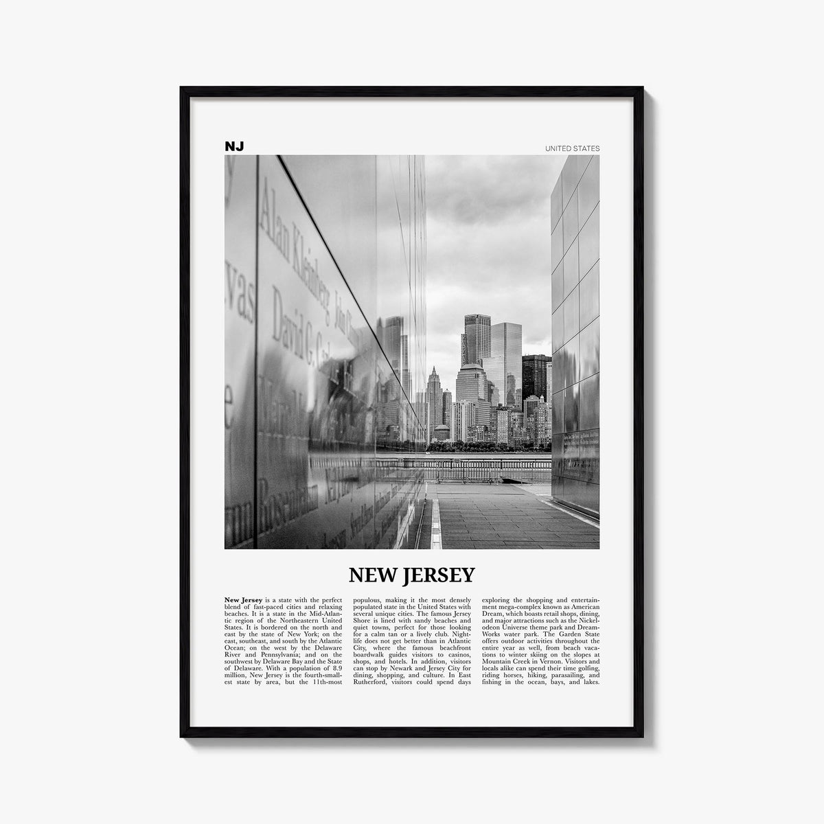 New Jersey no. 3 black & white newspaper poster of United States – vertical wall art, unframed print shown in interior mockup
