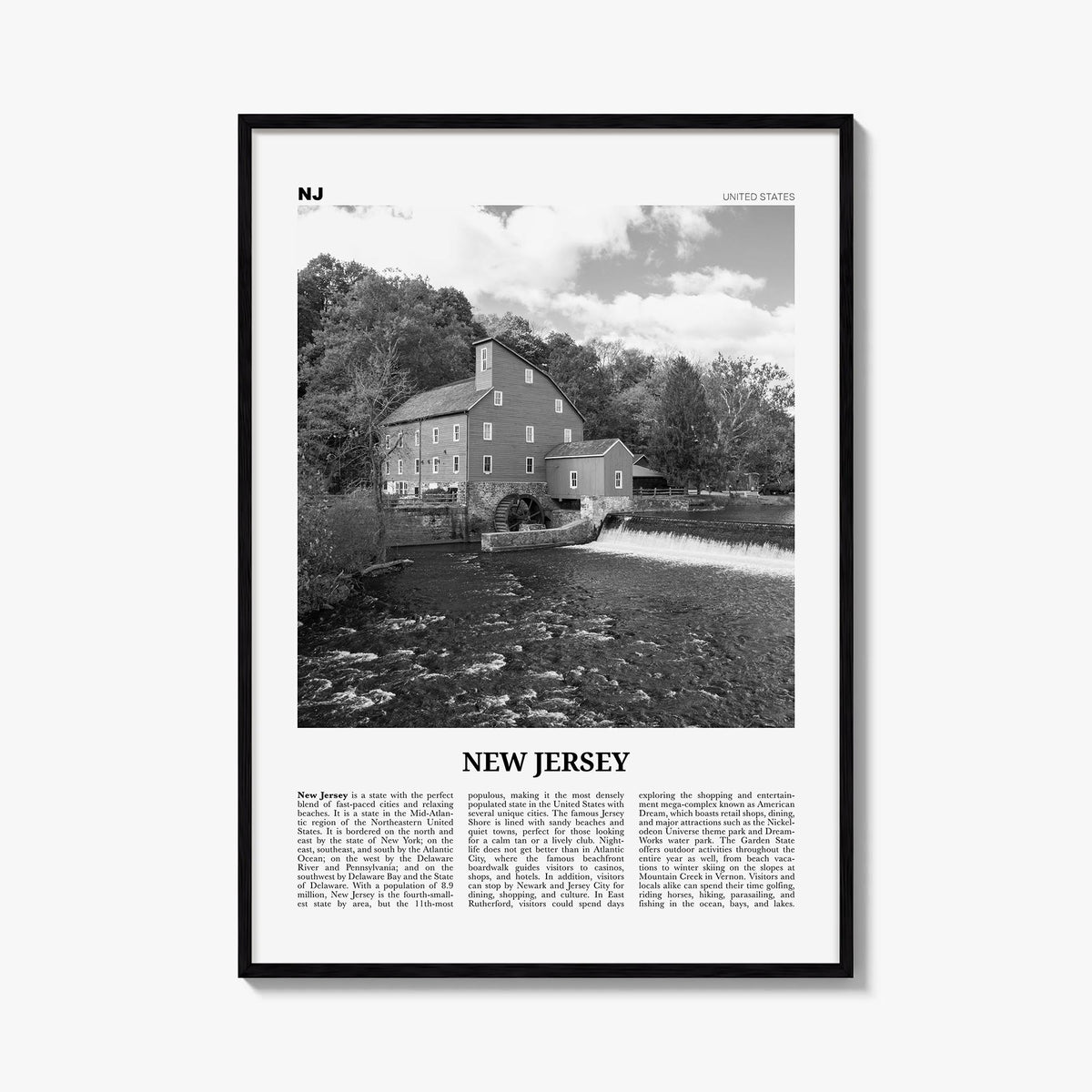 New Jersey no. 5 black & white newspaper poster of United States – vertical wall art, unframed print shown in interior mockup
