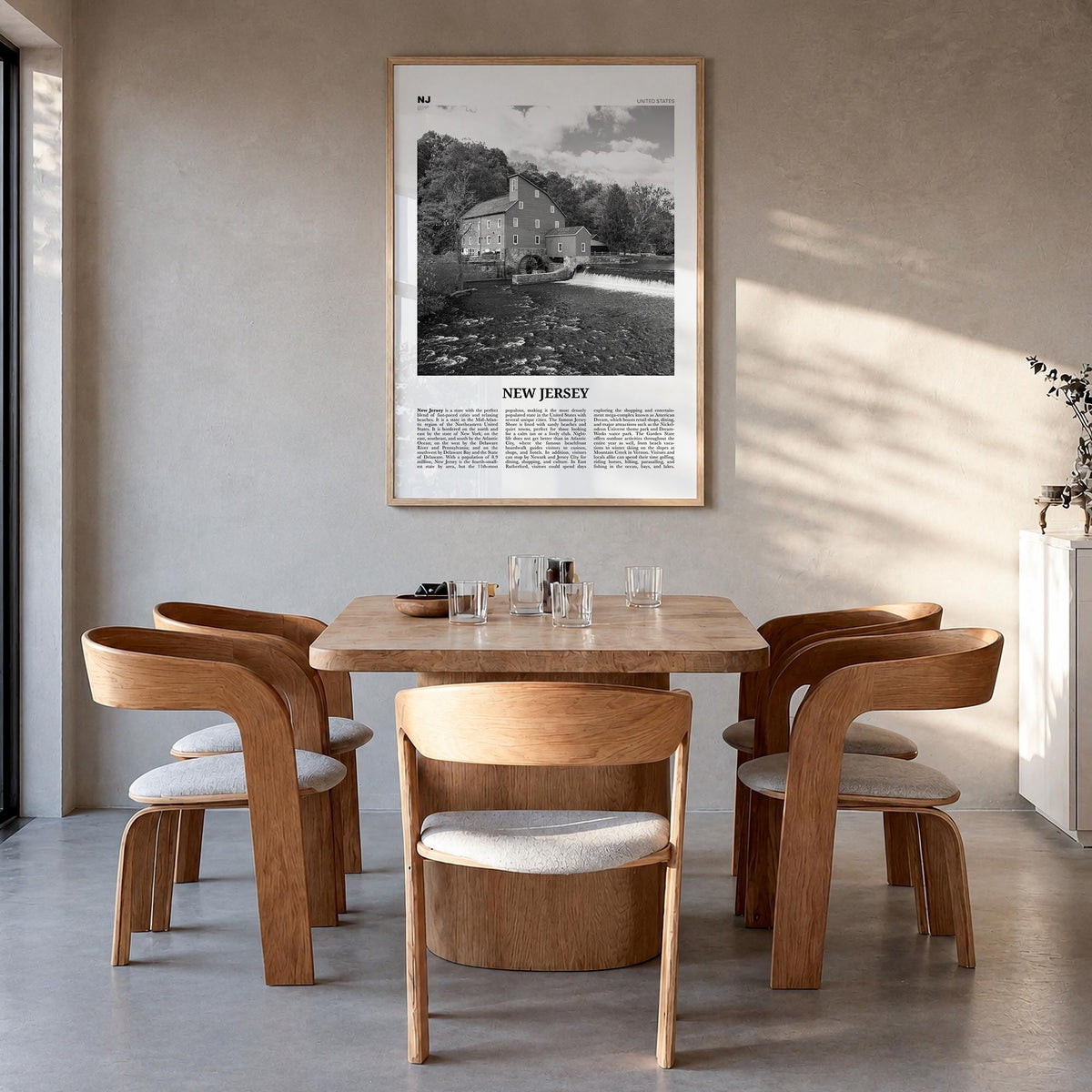 New Jersey no. 5 black & white newspaper poster of United States – vertical wall art in natural wood frame, hanging on wall