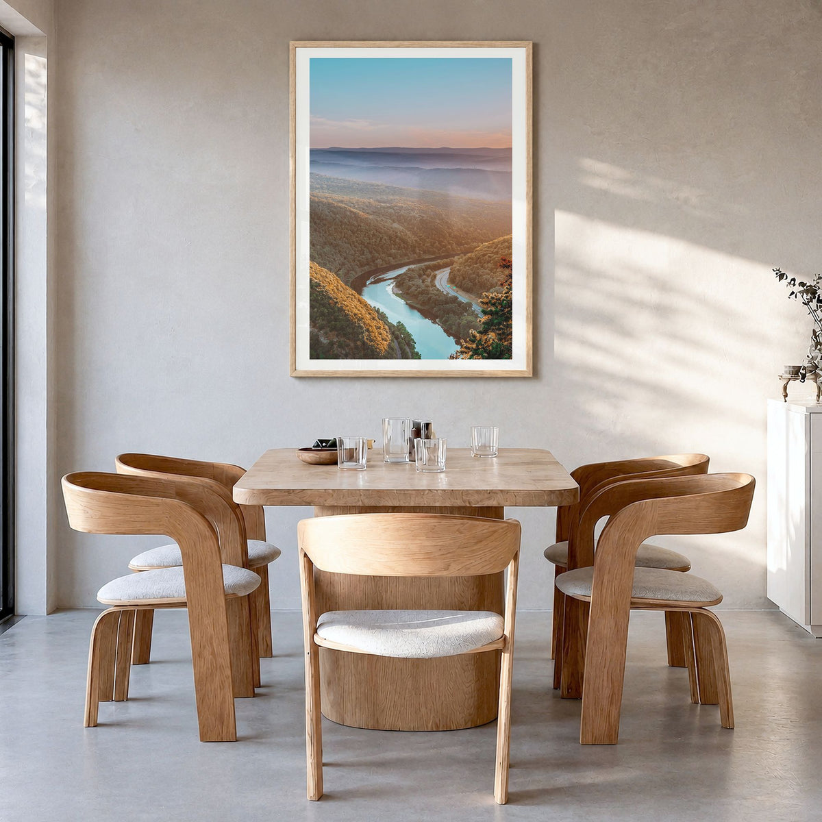 New Jersey Photo No 1 Poster in a natural wood frame, hanging in a dining room, white border