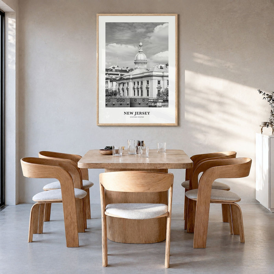 New Jersey Classic No 3 Poster in a natural wood frame, hanging in a dining room