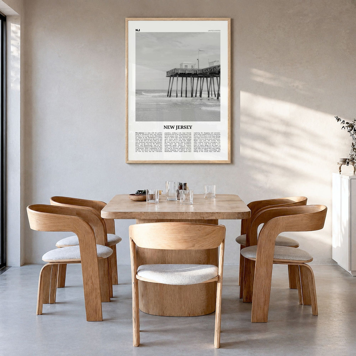 New Jersey Newspaper No 1 Poster in a natural wood frame, hanging in a dining room