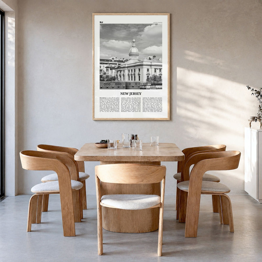 New Jersey Newspaper No 4 Poster in a natural wood frame, hanging in a dining room