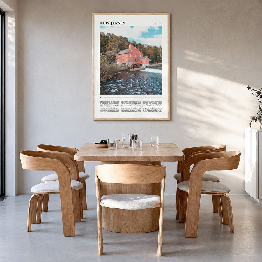 New Jersey Travel No 1 Poster in a natural wood frame, hanging in a dining room