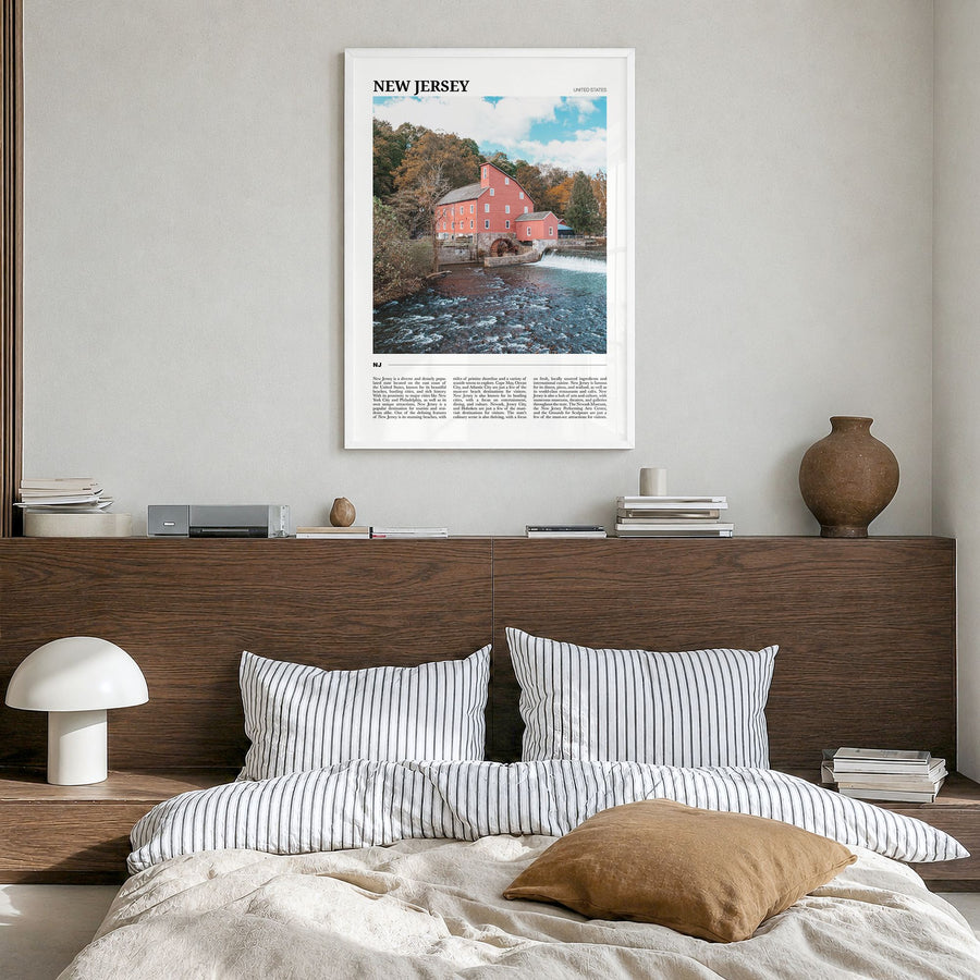 New Jersey Travel No 1 Poster in a white wood frame, hanging in a bedroom