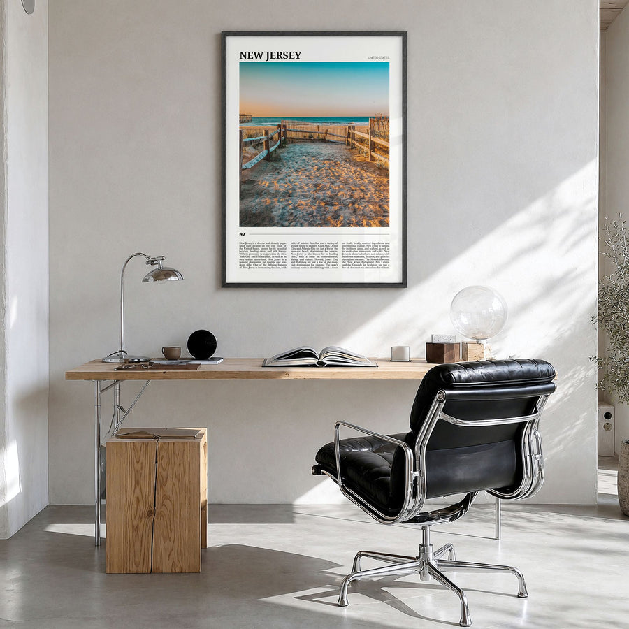 New Jersey Travel No 2 Poster in a black wood frame, hanging in a bright home office
