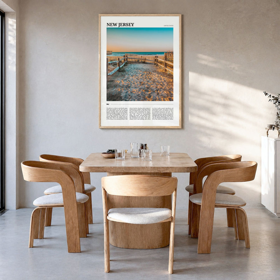 New Jersey Travel No 2 Poster in a natural wood frame, hanging in a dining room