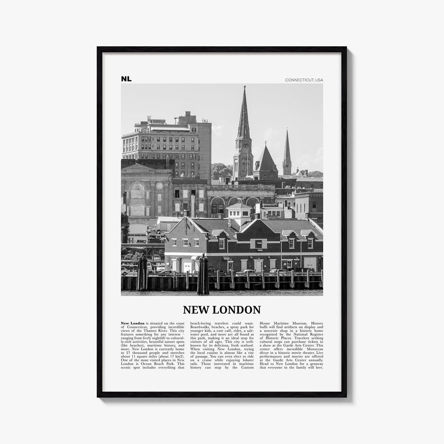 New London black & white newspaper poster of Connecticut, USA – vertical wall art, unframed print shown in interior mockup