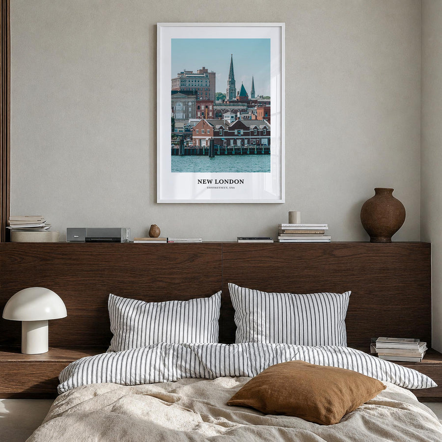 New London colorful classic poster of Connecticut, USA – vertical wall art in white wood frame, hanging on wall