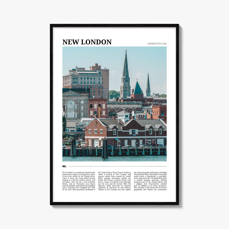 New London colorful travel poster of Connecticut, USA – vertical wall art, unframed print shown in interior mockup