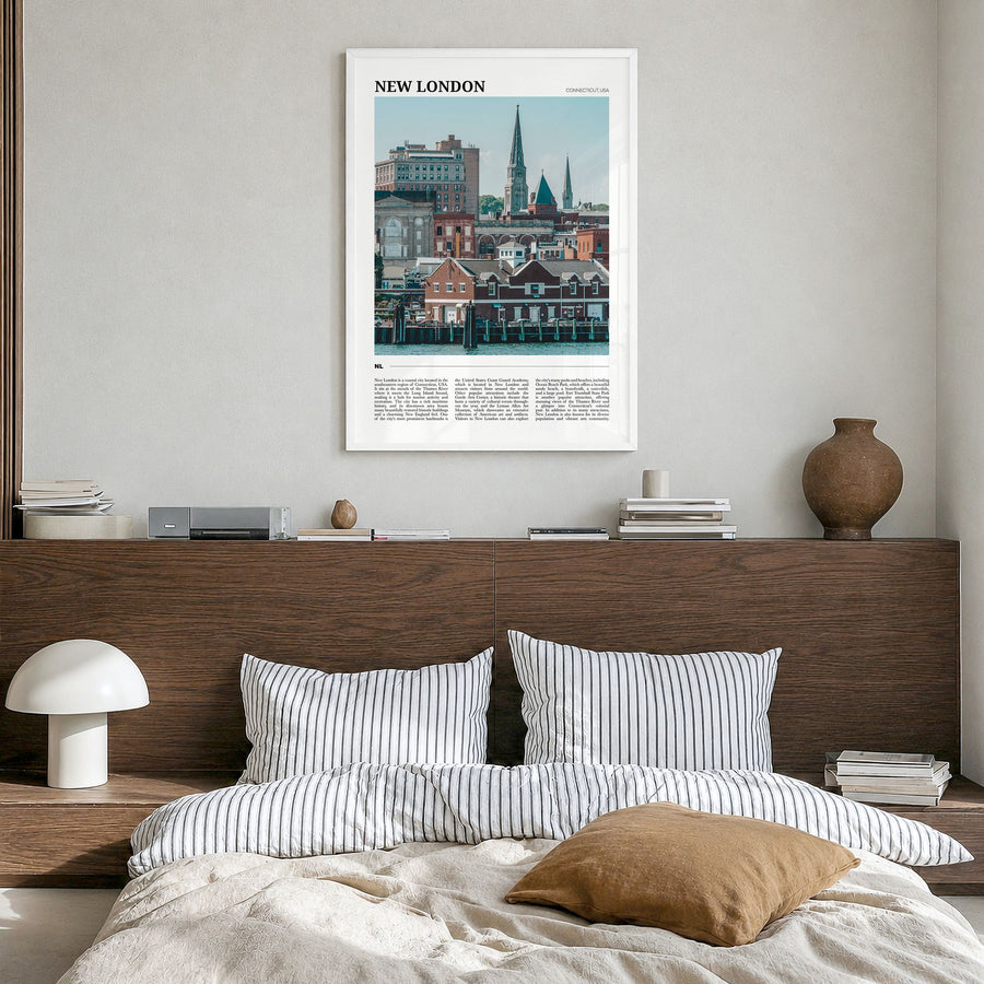 New London Travel Poster in a white wood frame, hanging in a bedroom