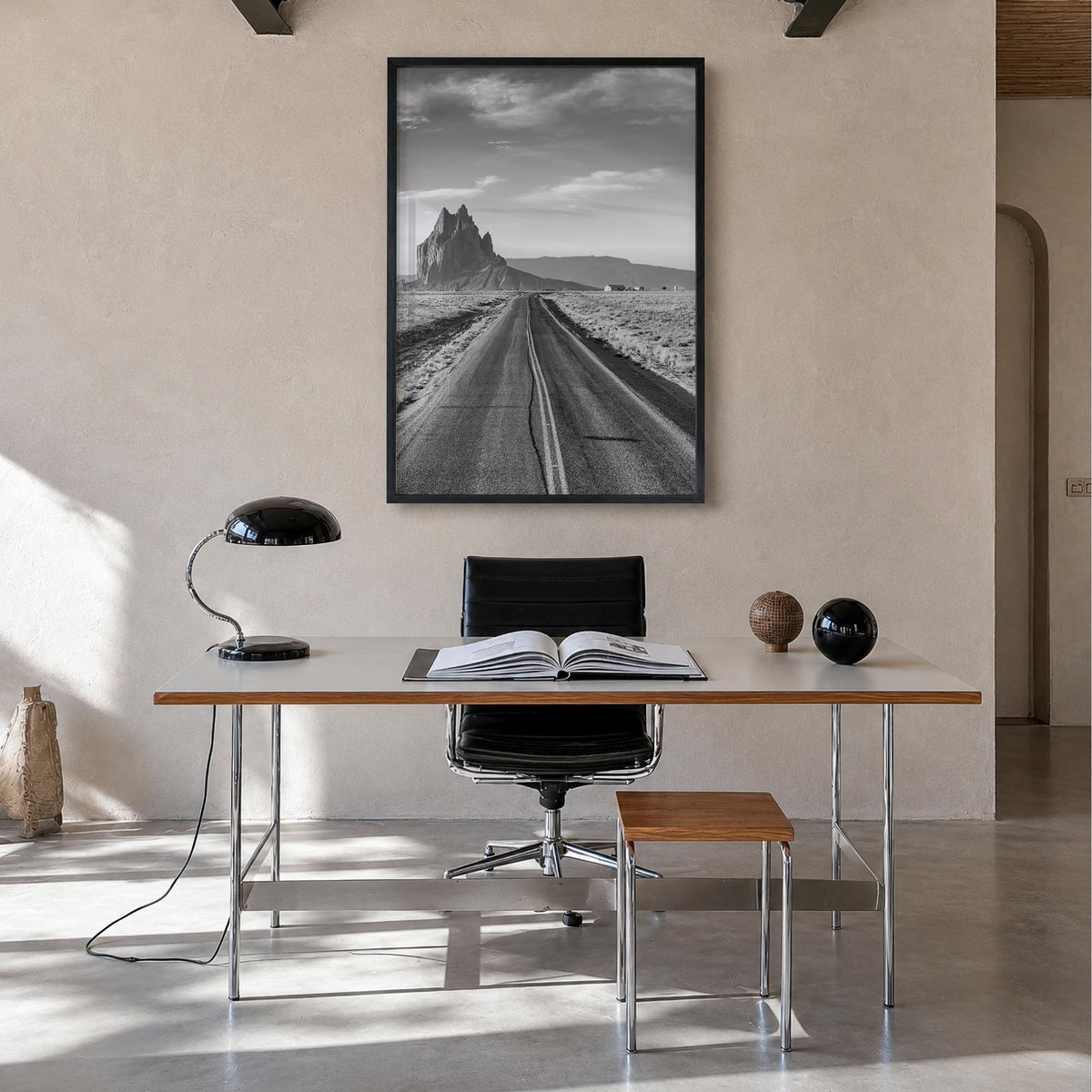 New Mexico black & white photo poster of United States – vertical wall art in black wood frame, hanging on wall