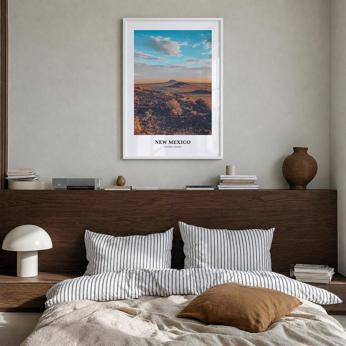New Mexico colorful classic poster of United States – vertical wall art in white wood frame, hanging on wall