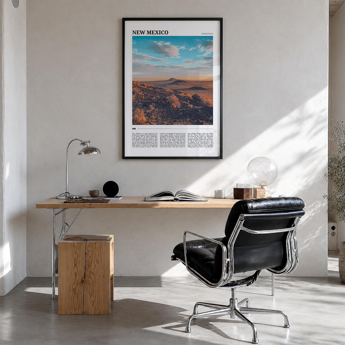 New Mexico colorful travel poster of United States – vertical wall art in black wood frame, hanging on wall