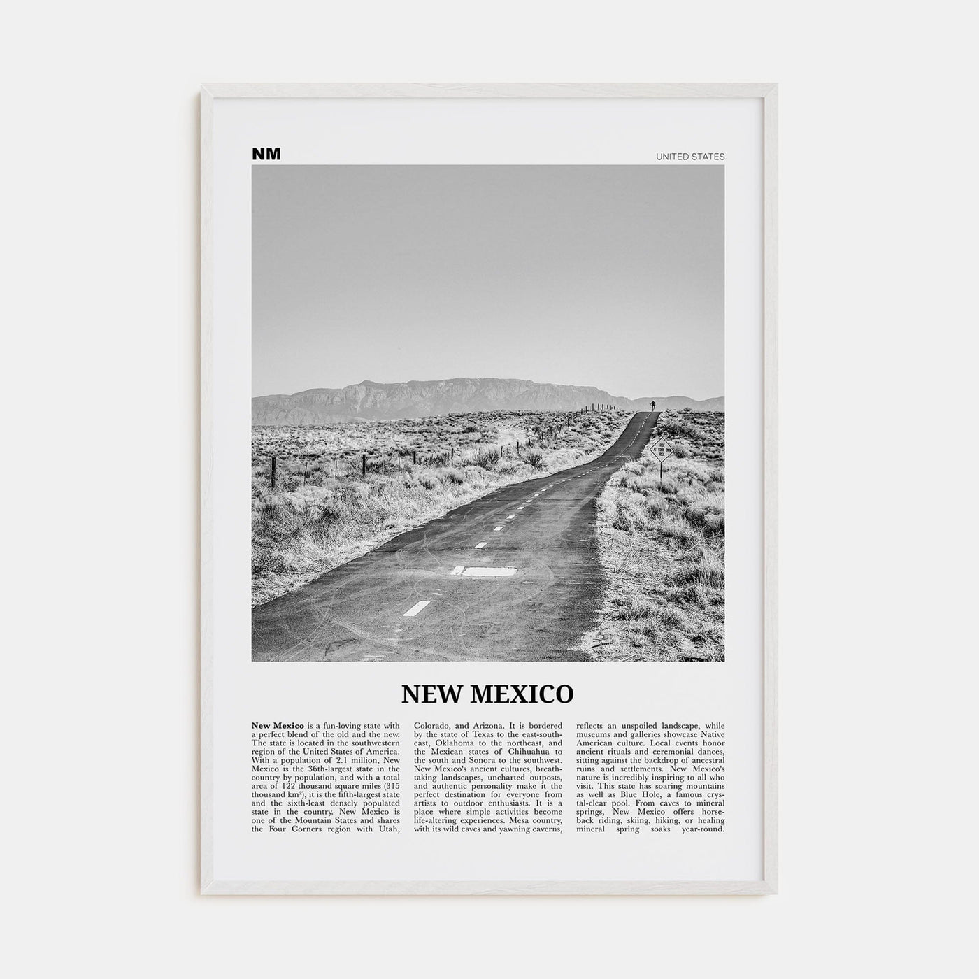 New Mexico No 1 Poster White Wood / 8x12 in Nbourhood Travel B&W Poster