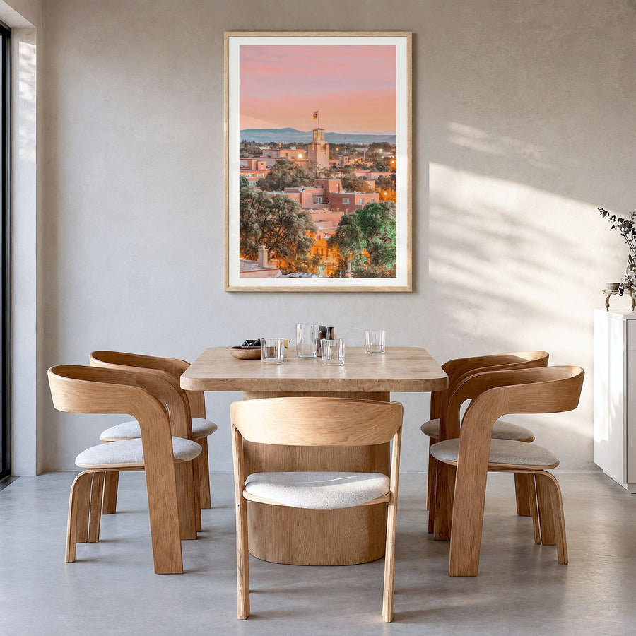 New Mexico Photo No 2 Poster in a natural wood frame, hanging in a dining room, white border