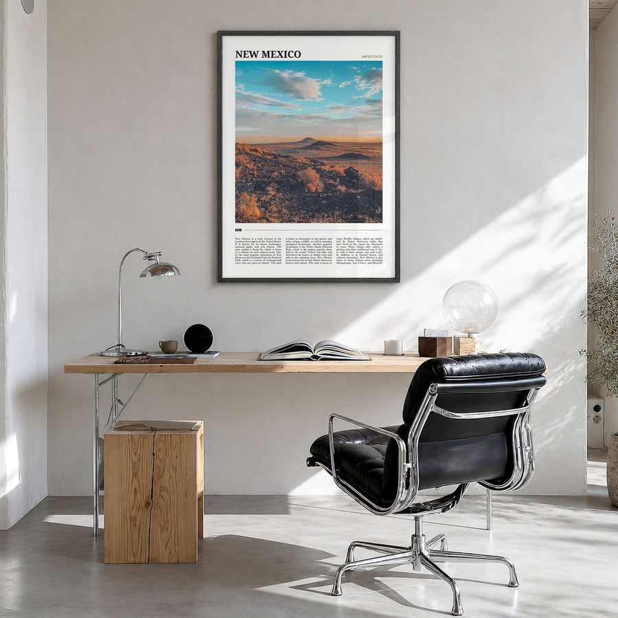 New Mexico Travel Poster in a black wood frame, hanging in a bright home office