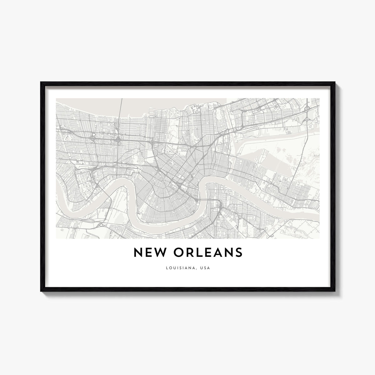 New Orleans black & white map poster of Louisiana, USA – horizontal wall art, unframed print shown in interior mockup