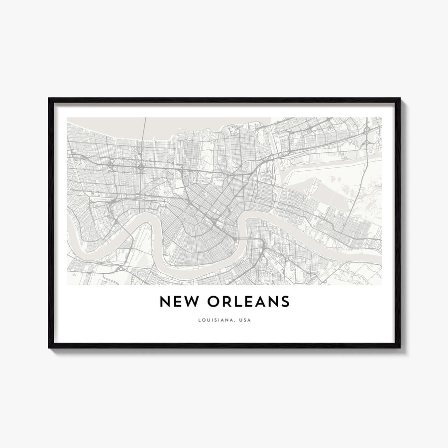 New Orleans black & white map poster of Louisiana, USA – horizontal wall art, unframed print shown in interior mockup