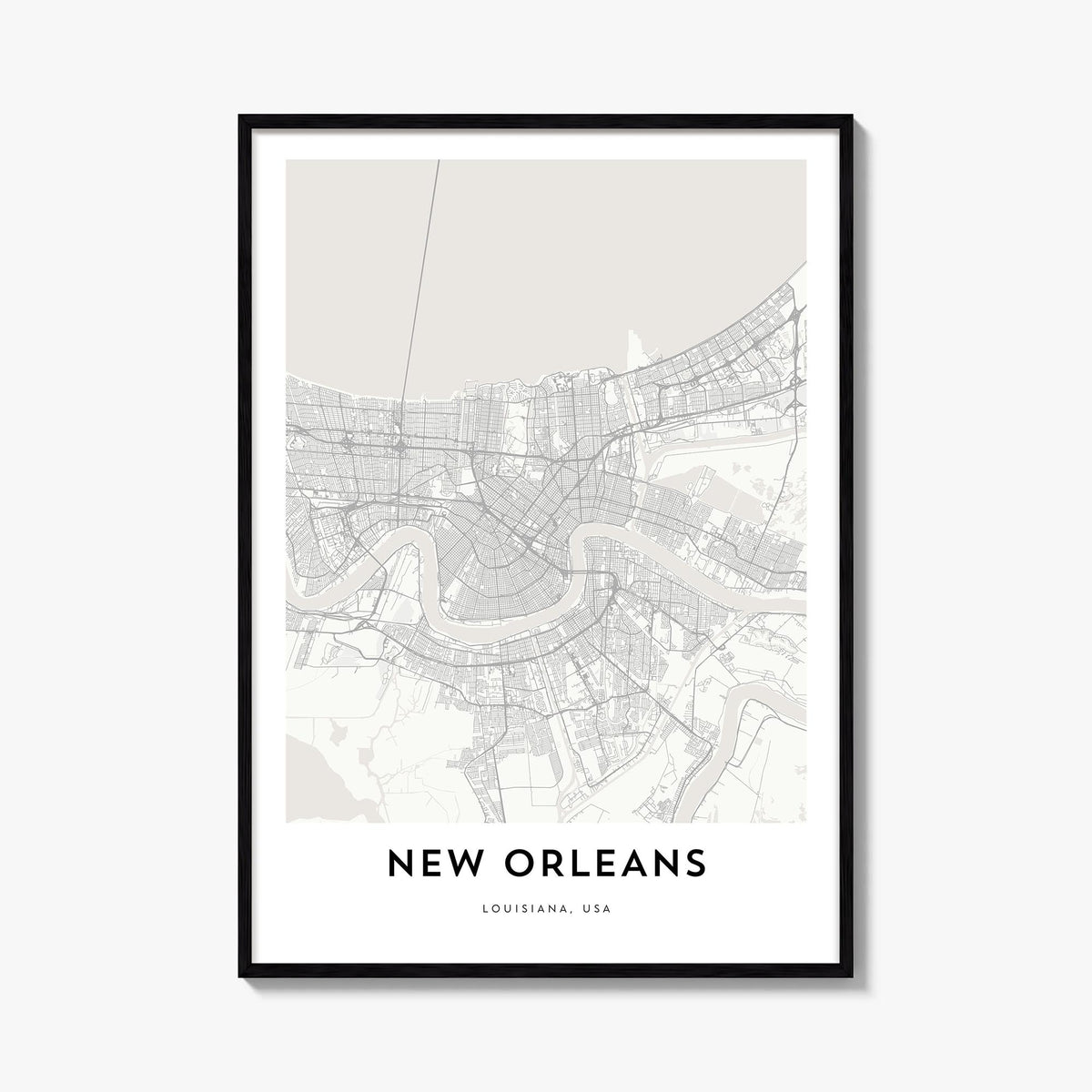 New Orleans black & white map poster of Louisiana, USA – vertical wall art, unframed print shown in interior mockup
