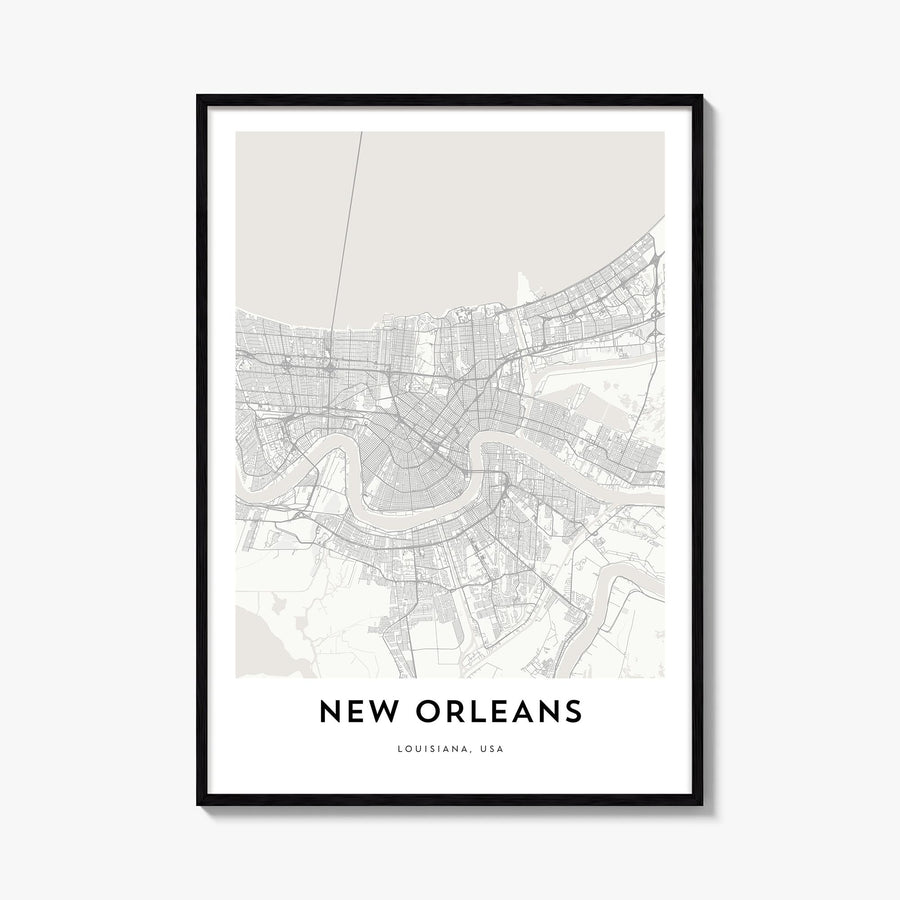 New Orleans black & white map poster of Louisiana, USA – vertical wall art, unframed print shown in interior mockup