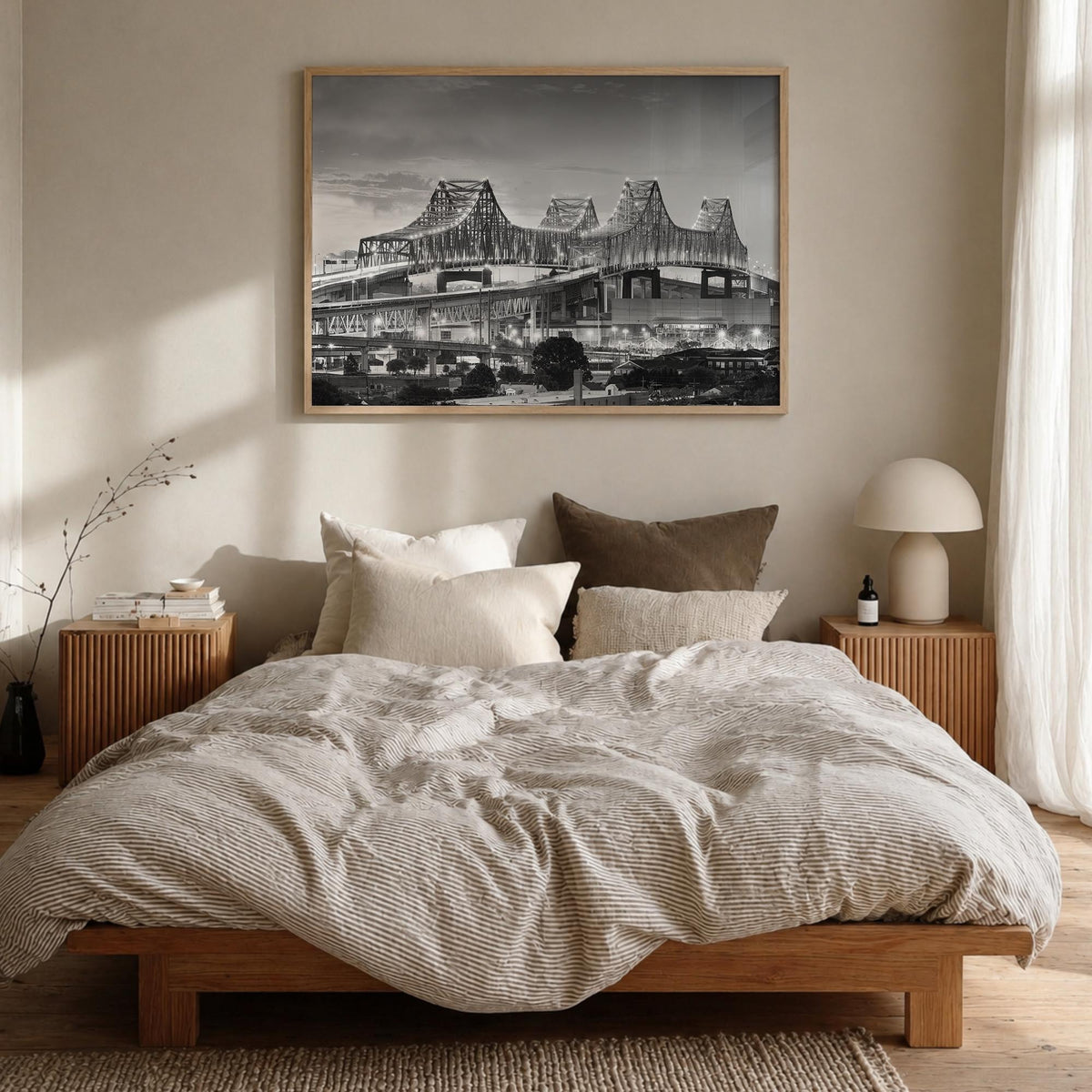 New Orleans black & white photo poster of Louisiana, USA – horizontal wall art in natural wood frame, hanging on wall