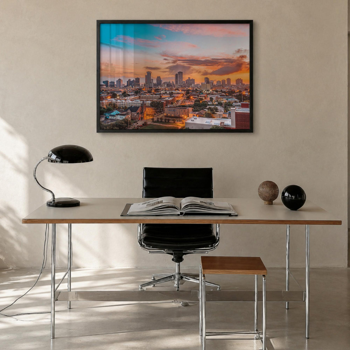 New Orleans colorful photo poster of Louisiana, USA – horizontal wall art in black wood frame, hanging on wall