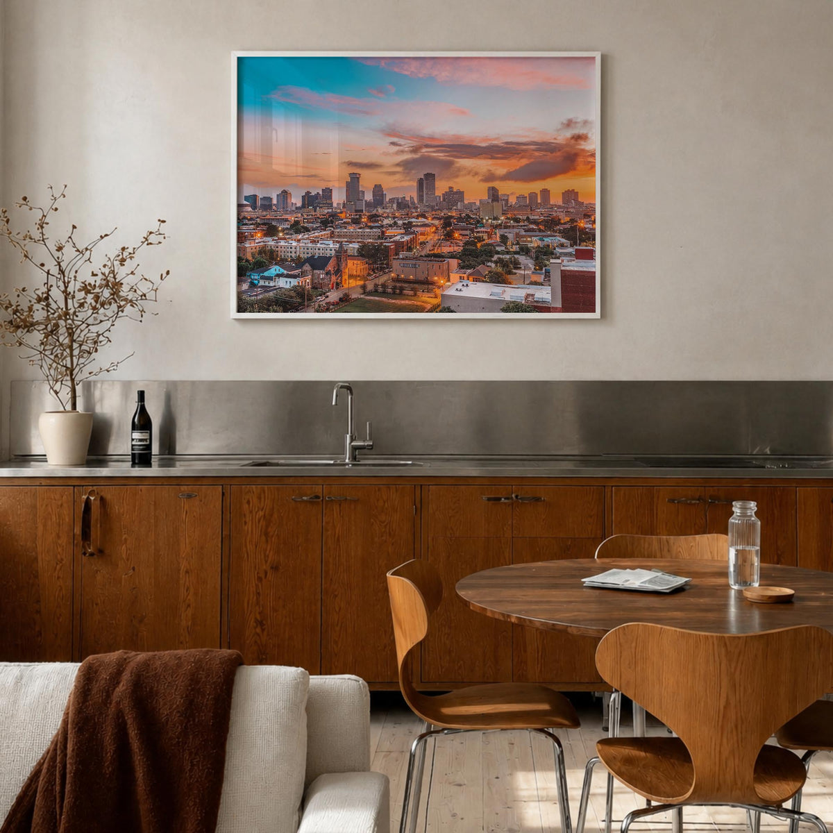 New Orleans colorful photo poster of Louisiana, USA – horizontal wall art in white wood frame, hanging on wall