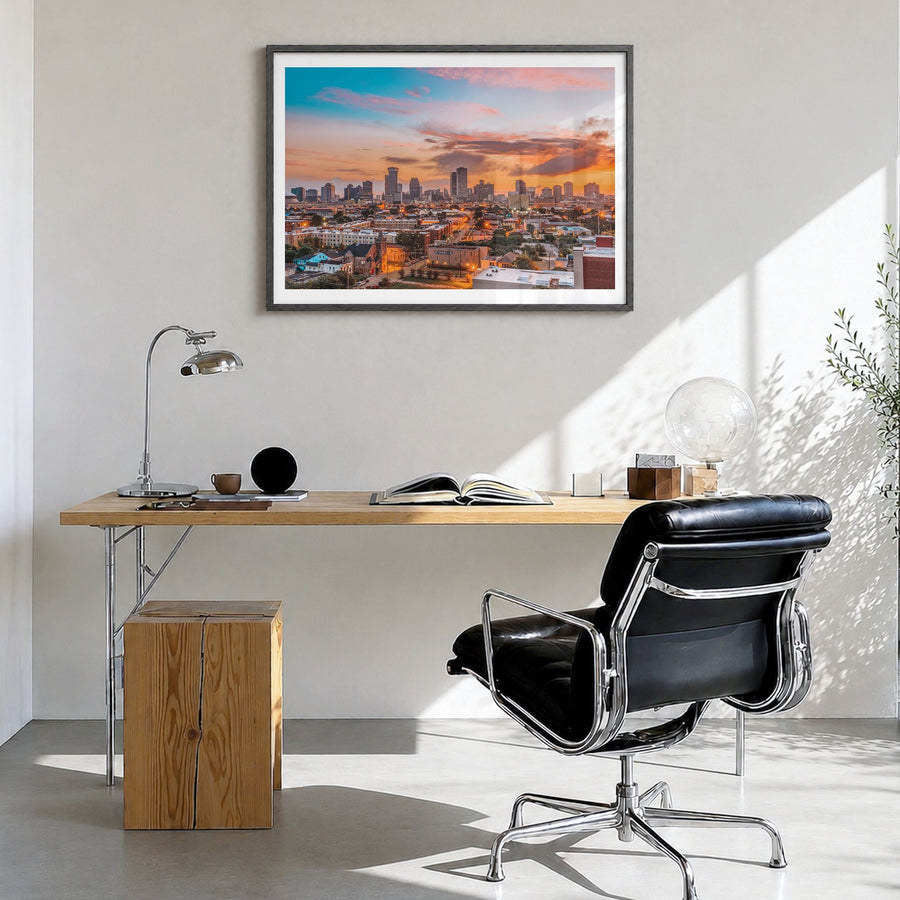 New Orleans Photo Poster in a black wood frame, hanging in a bright home office, white border