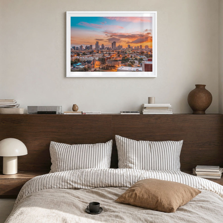 New Orleans Photo Poster in a white wood frame, hanging in a bedroom, white border