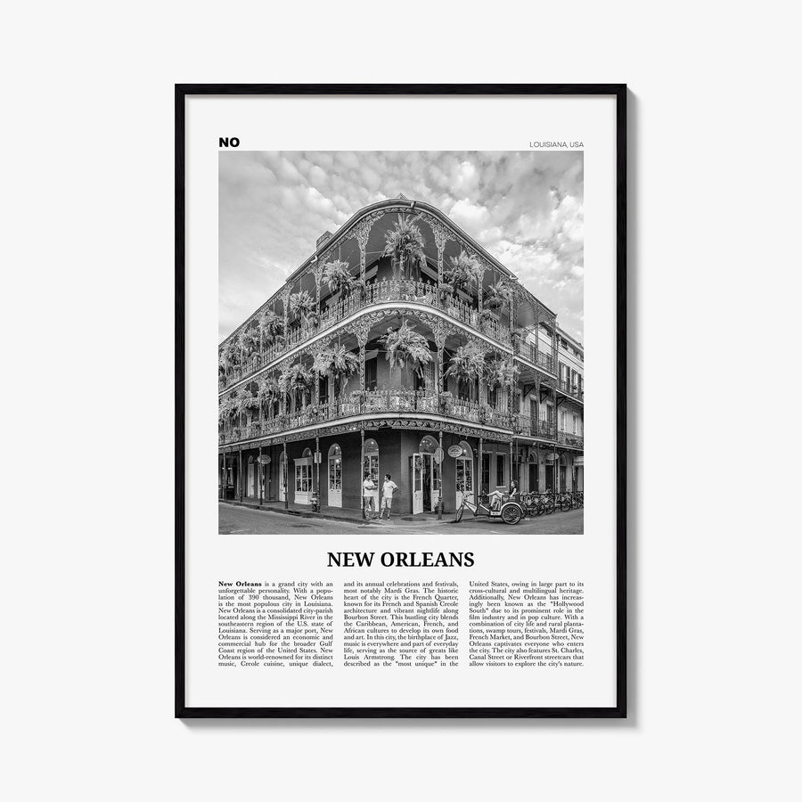New Orleans no. 1 black & white newspaper poster of Louisiana, USA – vertical wall art, unframed print shown in interior mock
