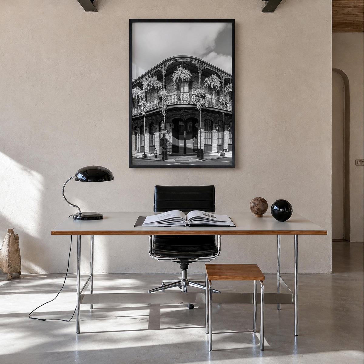 New Orleans no. 1 black & white photo poster of Louisiana, USA – vertical wall art in black wood frame, hanging on wall