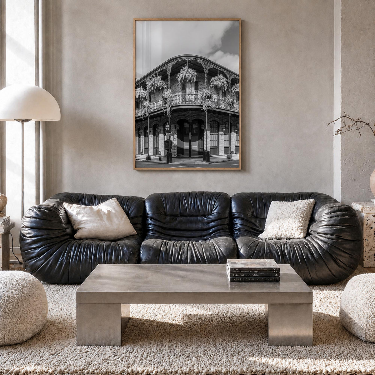 New Orleans no. 1 black & white photo poster of Louisiana, USA – vertical wall art in natural wood frame, hanging on wall