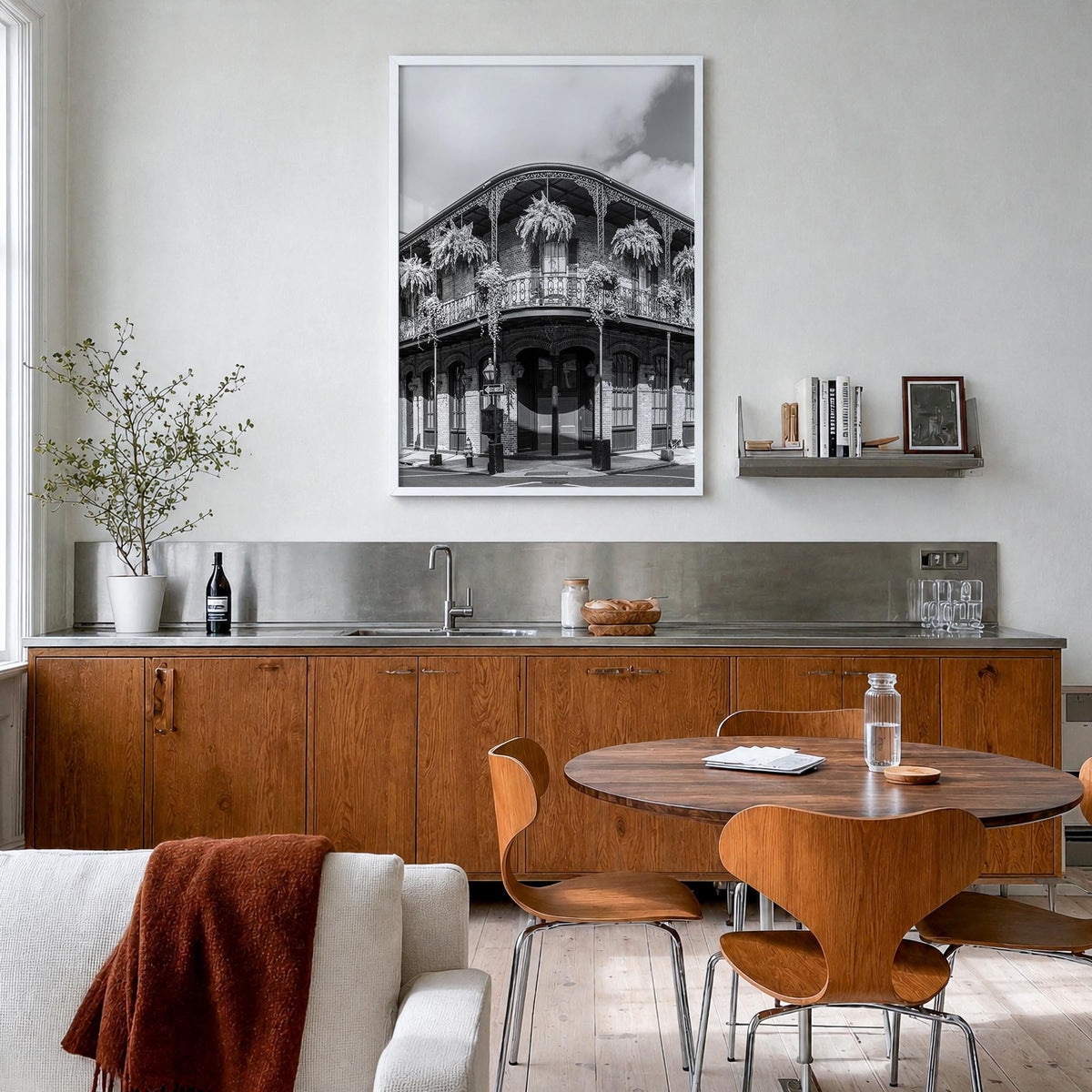 New Orleans no. 1 black & white photo poster of Louisiana, USA – vertical wall art in white wood frame, hanging on wall