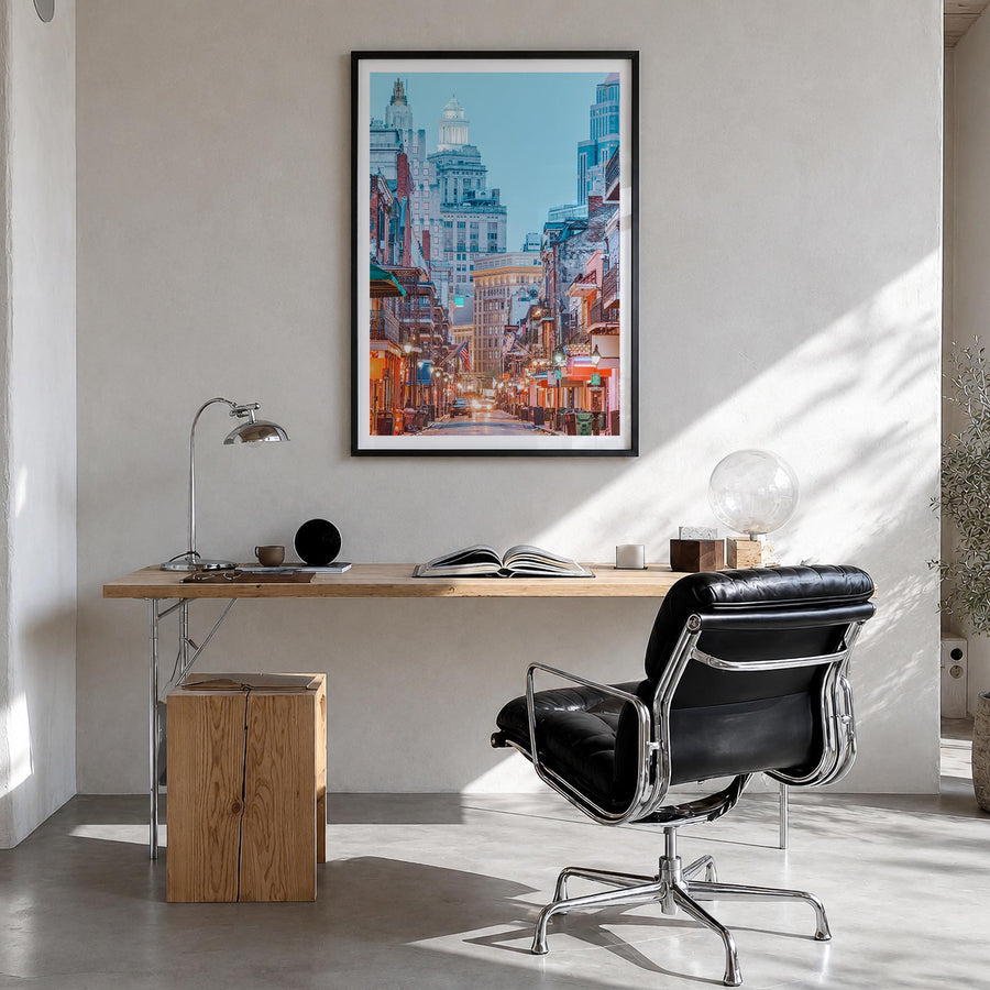 New Orleans no. 1 colorful photo poster of Louisiana, USA – vertical wall art in black wood frame with white border, hanging 