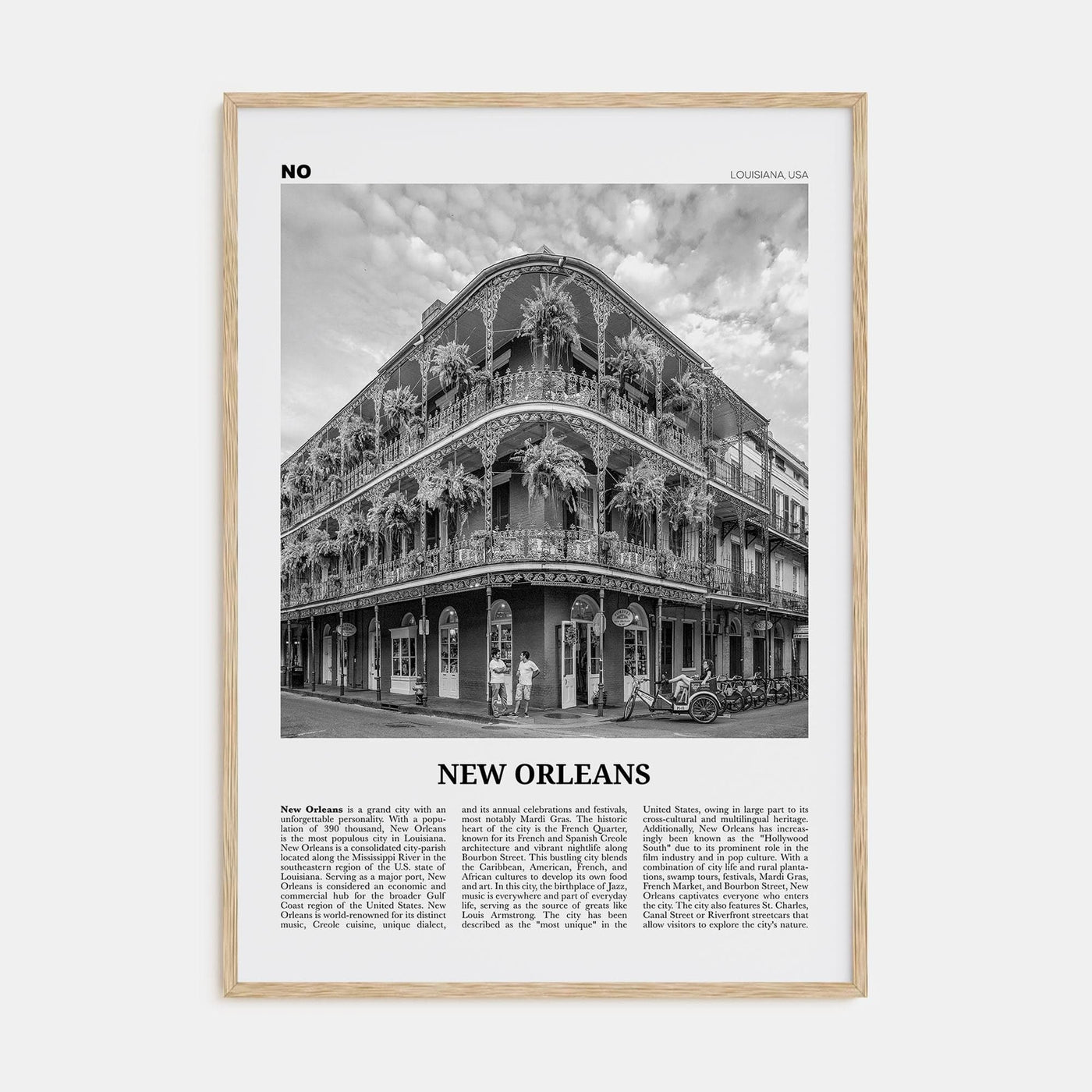 New Orleans No 1 Poster Natural Wood / 8x12 in Nbourhood Travel B&W Poster