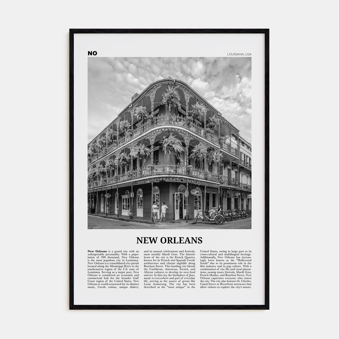 New Orleans No 1 Poster Black Wood / 8x12 in Nbourhood Travel B&W Poster