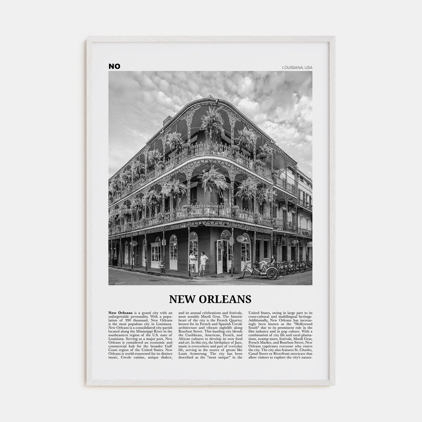 New Orleans No 1 Poster White Wood / 8x12 in Nbourhood Travel B&W Poster